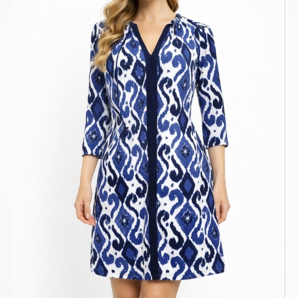 Michael Kors Women's Dress Geometric Pattern Blue White 3/4 Sleeve Size Small